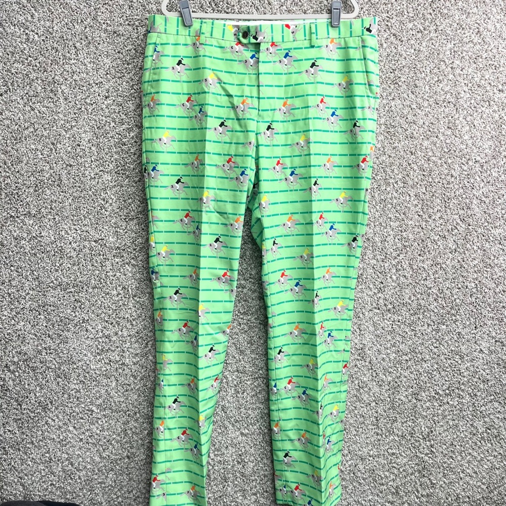 Shinesty Green Horse Racing Derby Print Flat Front Dress Pants in Size 40x35